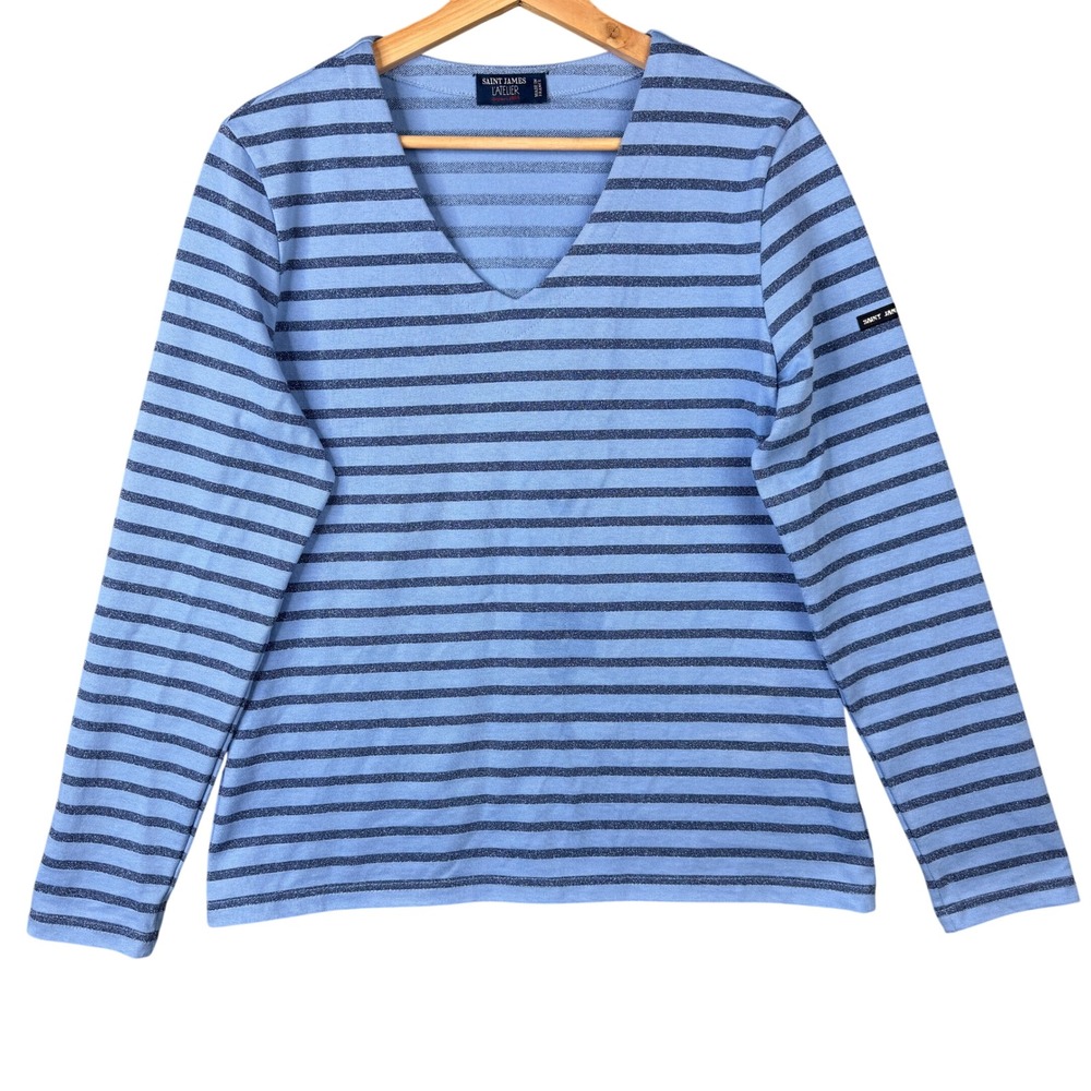 Saint James L'Atelier Blue Metallic Breton Stripe V-Neck Long Sleeve‎ Top France
